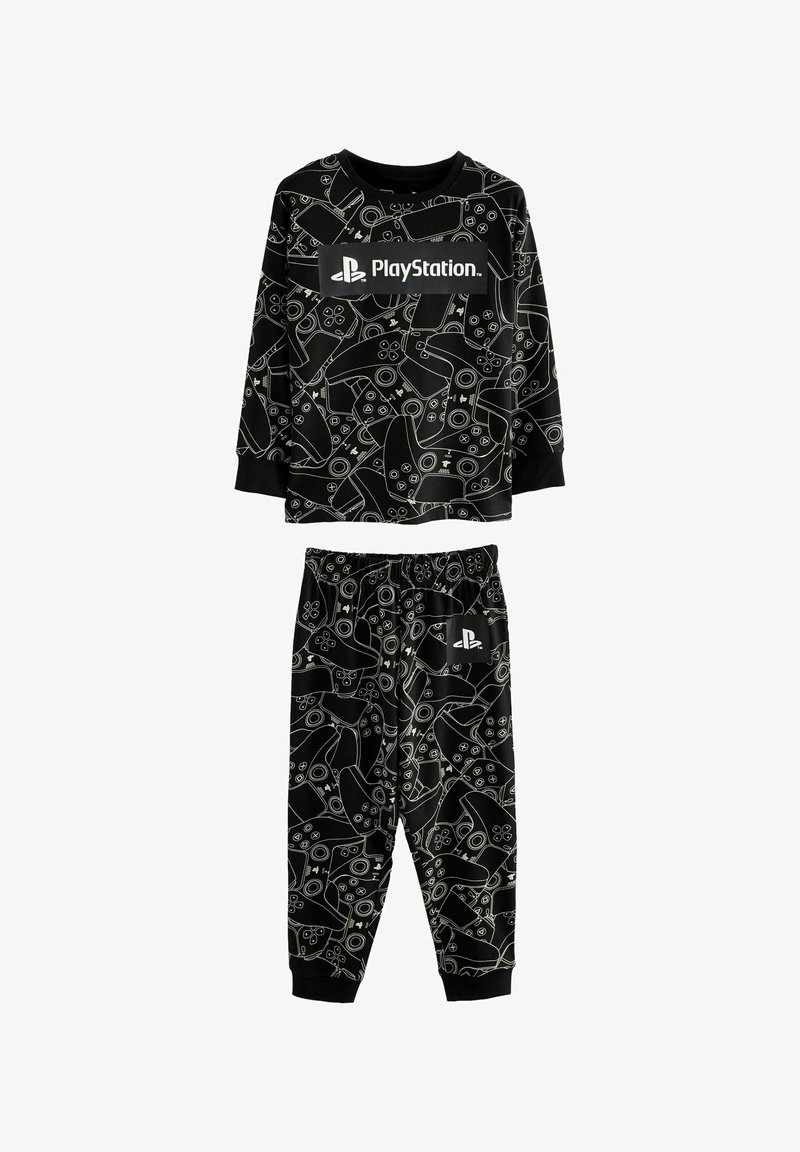 Schwarzes Schlafanzug-Set mit langärmligem Oberteil und Hose. Das Design umfasst Konturen von Game-Controllern und dem PlayStation-Logo in Weiß.