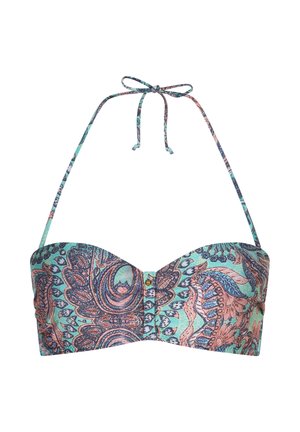 Halter bikini top with teal, pink, and navy paisley pattern and a front center gold-tone button detail.