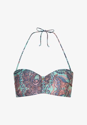 Bikini-Oberteil mit Neckholder in Blaugrün, Pink und Marineblau mit Paisley-Muster und zentralem goldfarbenem Knopfdetail vorne.
