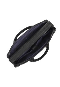 Schwarze Lederhandtasche mit zwei Griffen, Reißverschlussverschluss und einem marineblauen Innenraum, der ein unterteiltes Fach und eine kleine Tasche enthält.