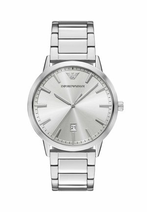 Silver Emporio Armani wristwatch with metal link band, minimalist dial, stick hour markers, date display at 6 o'clock, and three hands.