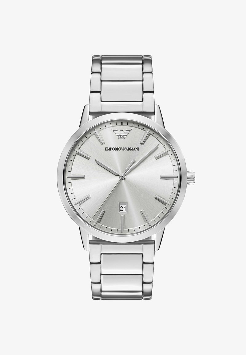 Srebrny zegarek naręczny Emporio Armani z metalową bransoletą na ogniwach, minimalistyczną tarczą, znacznikami godzin w formie kresek, datownikiem na godzinie 6 oraz trzema wskazówkami.