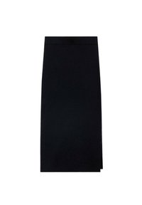 Černá tužková sukně vyrobená z elastického materiálu, s přiléhavým střihem, délka ke kolenům a boční rozparek pro snadný pohyb.