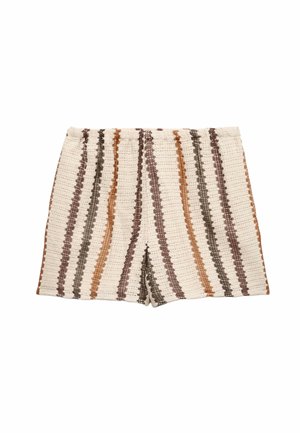 Krótki spodenki w paski wykonane z teksturowanej tkaniny o strukturze tkaniny w kolorze kremowym, z pionowymi paskami w odcieniach brązu, rdzy i antracytu. Elastyczny pas.