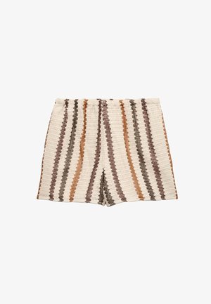 Pantalones cortos a rayas hechos de tela tejida texturizada en color crema, con rayas verticales en colores marrón, óxido y carbón. Cintura elástica.