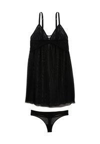 Babydoll noir orné de dentelle avec des bretelles ajustables et un tissu fluide et transparent. Comprend un string noir transparent assorti.