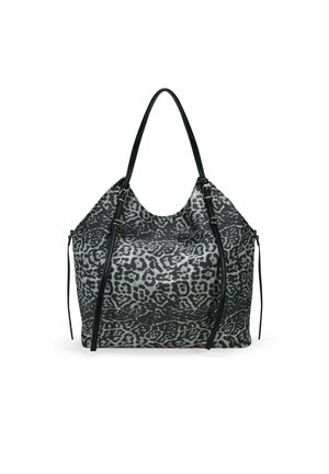 Gran bolso hobo con un diseño de estampado de leopardo en negro y gris, hecho de tela suave con correas y acentos de cuero negro.