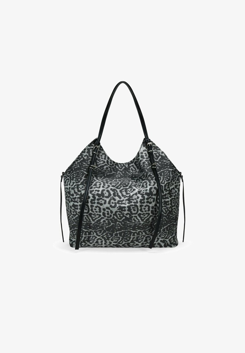 Grand sac hobo avec un motif léopard noir et gris, fabriqué en tissu doux avec des poignées et des accents en cuir noir.