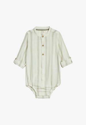 Beiger und hellgrauer Baby-Strampler mit Längsstreifen, Mandarin-Kragen, Knopfleiste vorne und hochgekrempelten Ärmeln, die mit Knopflaschen befestigt sind.