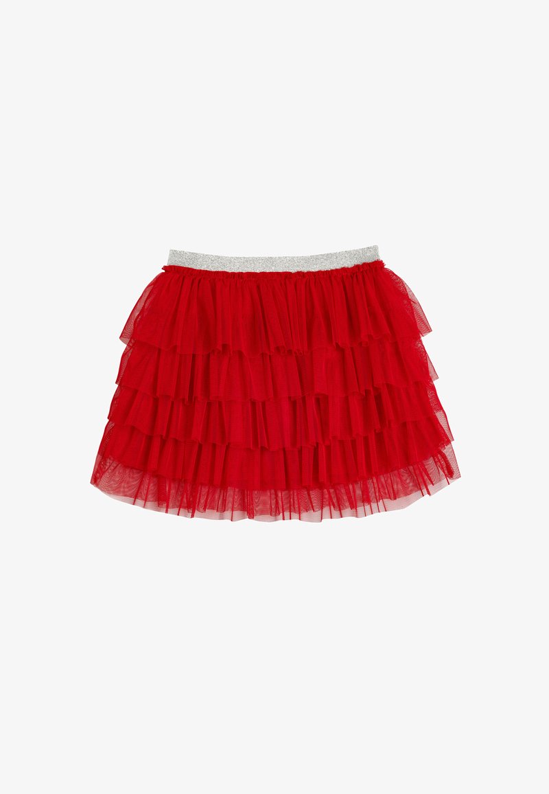 Jupon en tulle rouge avec plusieurs couches de volants, doté d'une taille élastique argentée. Le design est léger et aérien en apparence.