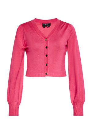 Roze cropped cardigan van gebreid materiaal, met een V-hals, lange, pofmouwen en zes zwarte knopen aan de voorkant. Ribgebreide manchetten.