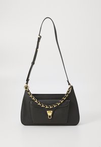 Black leather handbag with a structured shape, gold chain accent, and a front pocket. Features an adjustable strap for versatile carrying.