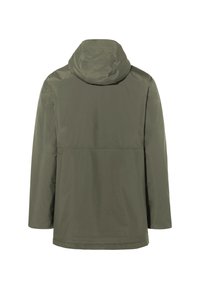Giacca olive green resistente all'acqua con cappuccio, design semplice, maniche lunghe e taglio dritto. Presenta una texture liscia e opaca.