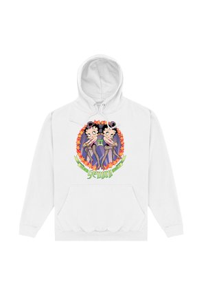 Biała bluza z kapturem z grafiką dwóch kreskówkowych kobiet, każda w różowych strojach z rajstopami w siateczkę, otoczonych kolorowymi gwiazdami i słowem "Gemini".