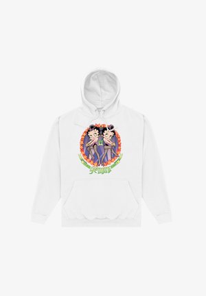 Biała bluza z kapturem z grafiką dwóch kreskówkowych kobiet, każda w różowych strojach z rajstopami w siateczkę, otoczonych kolorowymi gwiazdami i słowem "Gemini".