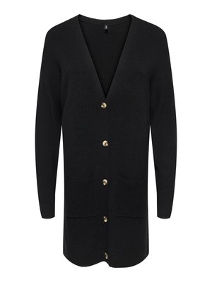 Black cardigan made of knit fabric, featuring a V-neck, long sleeves, gold-tone buttons, and two front pockets.