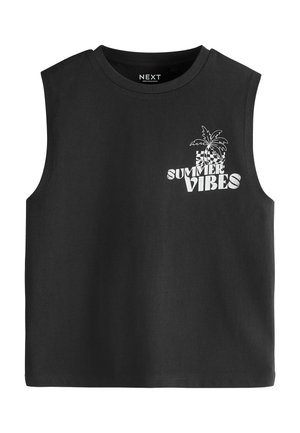 Czarny bezrękawnik krótki z białym napisem "The Summer Vibes" i grafiką palmy na górnej lewej piersi.