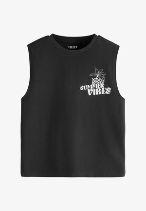 Crni prsluk kratkog kroja bez rukava s bijelim natpisom "The Summer Vibes" i slikom palme na gornjem lijevom dijelu prsa.