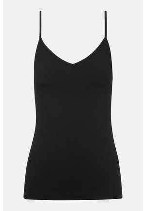 Zwarte camisole met dunne bandjes, V-hals, gemaakt van gladde stof, aansluitend ontwerp en geen zichtbare patronen of accenten.