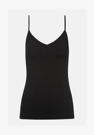 Schwarzes Camisole-Top mit dünnen Trägern, V-Ausschnitt, aus glattem Stoff, figurbetontem Design und ohne sichtbare Muster oder Akzente.