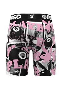 Boxer noirs avec un imprimé multicolore comprenant le texte "PLAY" en rose, des boules de billard noires, et des logos du lapin Playboy dans un design en collage.