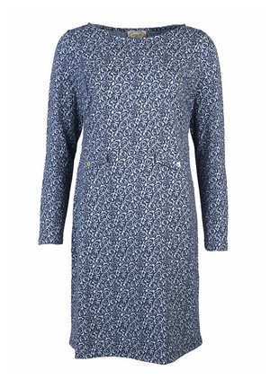 Marineblaues Kleid mit langen Ärmeln, das ein weißes Blumenmuster aufweist. Geschmeidige Textur, runder Halsausschnitt und zwei Vorder Taschen.