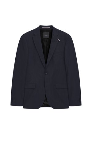 Navy blue single-button men's blazer with notch lapels, two front flap pockets, and inner black lining, labeled "bugatti" inside collar.