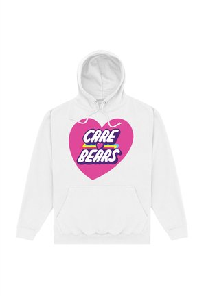 Biała bluza z kapturem z dużym różowym wzorem serca z napisem "CARE BEARS" w pogrubionych, kolorowych literach. Klasyczna kieszeń kangurka.