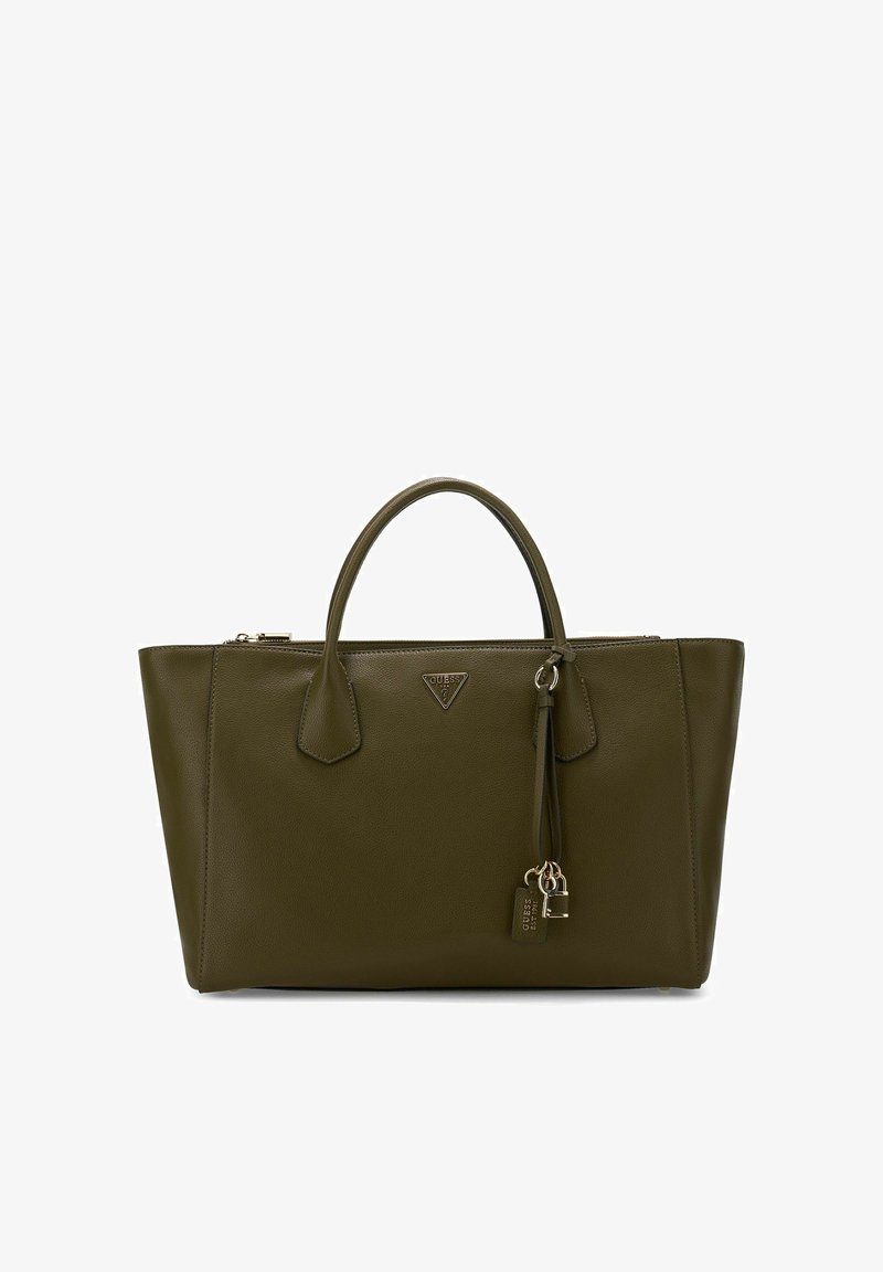 Sac à main en cuir vert olive avec double poignée, un logo de marque triangulaire et un pompon suspendu avec de petits breloques cadenas et clé.