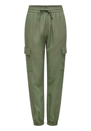 Pantalones cargo verde oliva hechos de una tela ligera. Presentan una cintura con cordón, puños elásticos y dos bolsillos laterales.