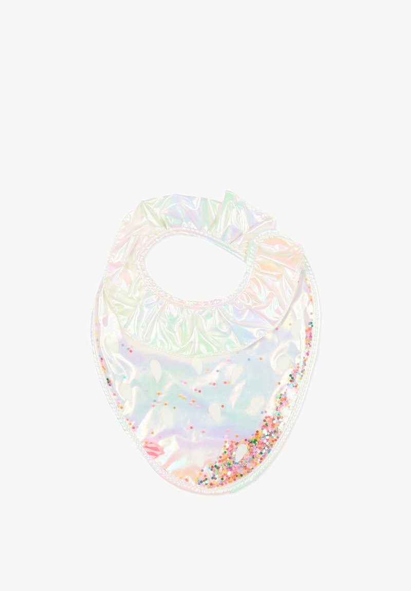 Bavoir bébé irisé avec encolure à volants et accents de confettis multicolores éparpillés dans le coin inférieur sur fond blanc.