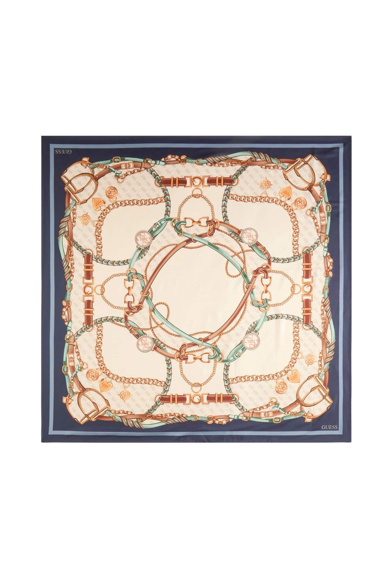 Foulard en soie avec un centre crème orné d'un motif de chaîne et de corde, bordé de bleu marine. Accents comprenant des éléments dorés et des motifs décoratifs.