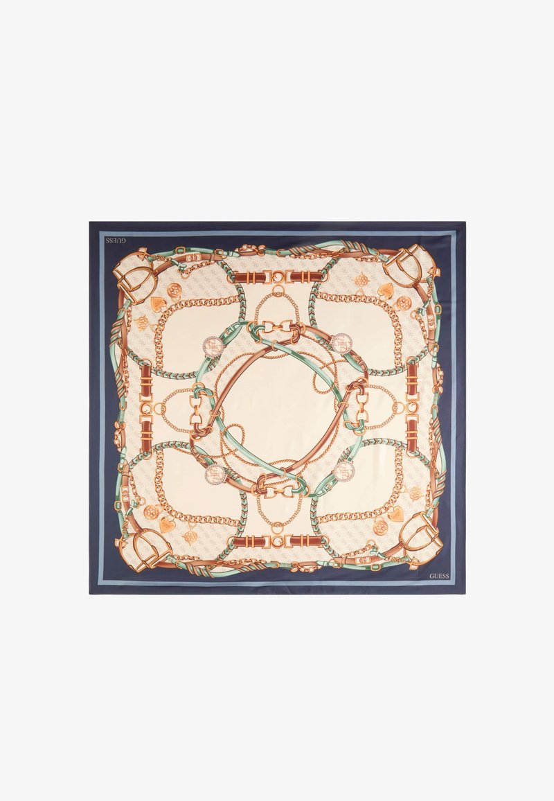 Foulard en soie avec un centre crème orné d'un motif de chaîne et de corde, bordé de bleu marine. Accents comprenant des éléments dorés et des motifs décoratifs.