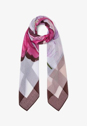 Écharpe légère rectangulaire avec de grands motifs floraux roses et violets et des bordures géométriques marron, drapée en boucle lâche.