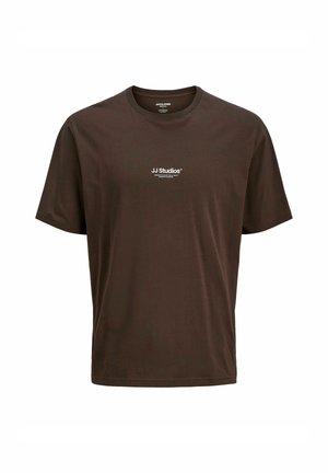 Brown short-sleeve t-shirt made from soft cotton. Features a round neckline and small white JJ Studios logo on the chest.