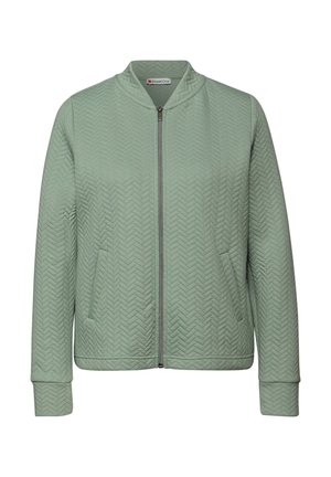 Světlounce zelená bomber bunda s rybí kostrou vzorem, zapínáním na zip a bočními kapsami. Má žebrované manžety a lem pro přiléhavý vzhled.