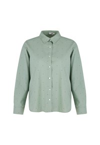 Hellgrünes Hemd mit langen Ärmeln, Kragen und kleinem schwarzen Punktmuster. Aus weichem Stoff gefertigt, mit geradem Schnitt und klassischem Design.