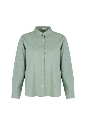Hellgrünes Hemd mit langen Ärmeln, Kragen und kleinem schwarzen Punktmuster. Aus weichem Stoff gefertigt, mit geradem Schnitt und klassischem Design.