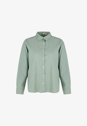 Hellgrünes Hemd mit langen Ärmeln, Kragen und kleinem schwarzen Punktmuster. Aus weichem Stoff gefertigt, mit geradem Schnitt und klassischem Design.