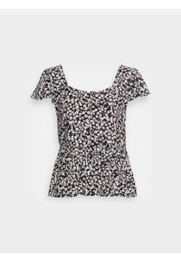 Blusa preta com flores, com mangas curtas e franzidas, decote quadrado e bainha tipo peplum franzida. Apresenta padrões florais brancos e rosas por toda a peça.