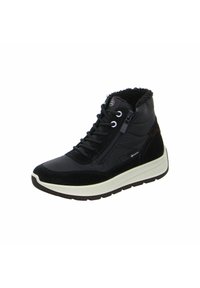 Zapatillas altas negras hechas de material sintético, con forro de pelo sintético, parte delantera con cordones, cremallera lateral y suela blanca con acentos texturizados.