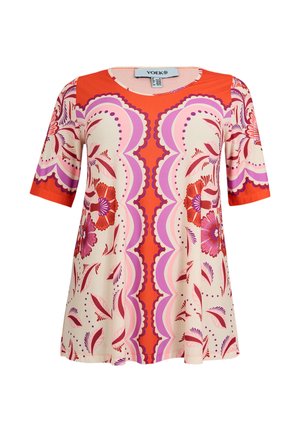 Kortærmet bluse med rund halsudskæring, orange, pink og lilla blomster- og bølgemønstre på cremefarvet baggrund, løs pasform.