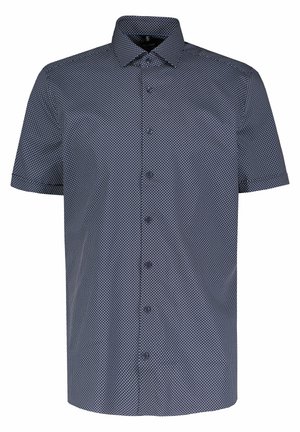 Marineblaue kurzärmelige Hemd mit kleinem weißem geometrischem Punktmuster und spitzem Kragen.