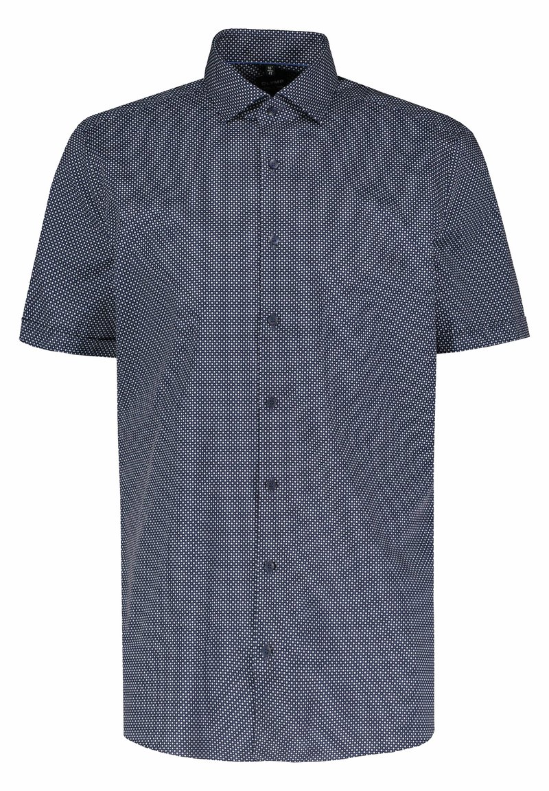 Chemise bleu marine à manches courtes avec boutons, petit motif géométrique de points blancs et col pointu.
