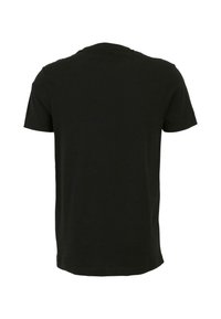 Tricou negru cu mânecă scurtă, cu guler rotund, fabricat din material de bumbac moale, cu un design simplu și fără logo-uri sau modele vizibile.