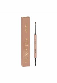 Pencil do modelowania brwi w różowej tubie ze złotym napisem, z wysuwanym końcówką i dołączonym szczoteczką do stylizacji.