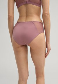 Helle mauve High-Waist-Unterwäsche aus glattem Stoff mit durchsichtigen Spitzen-Seitenpaneelen, die ein geometrisches Muster aufweisen, und einem dezenten Gummibund.
