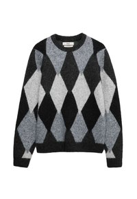 Maglione di lana a girocollo con un motivo argyle in nero, grigio e bianco e maniche lunghe.