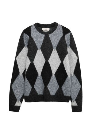 Rundhals-Wollpullover mit schwarzem, grauem und weißem Argyle-Rautenmuster und langen Ärmeln.