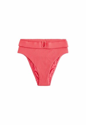 Rosa gerippte Bikinihose mit umgeschlagenem Bund und kleinen dekorativen Metallakzenten auf der Vorderseite. Glattes Innenfutter.